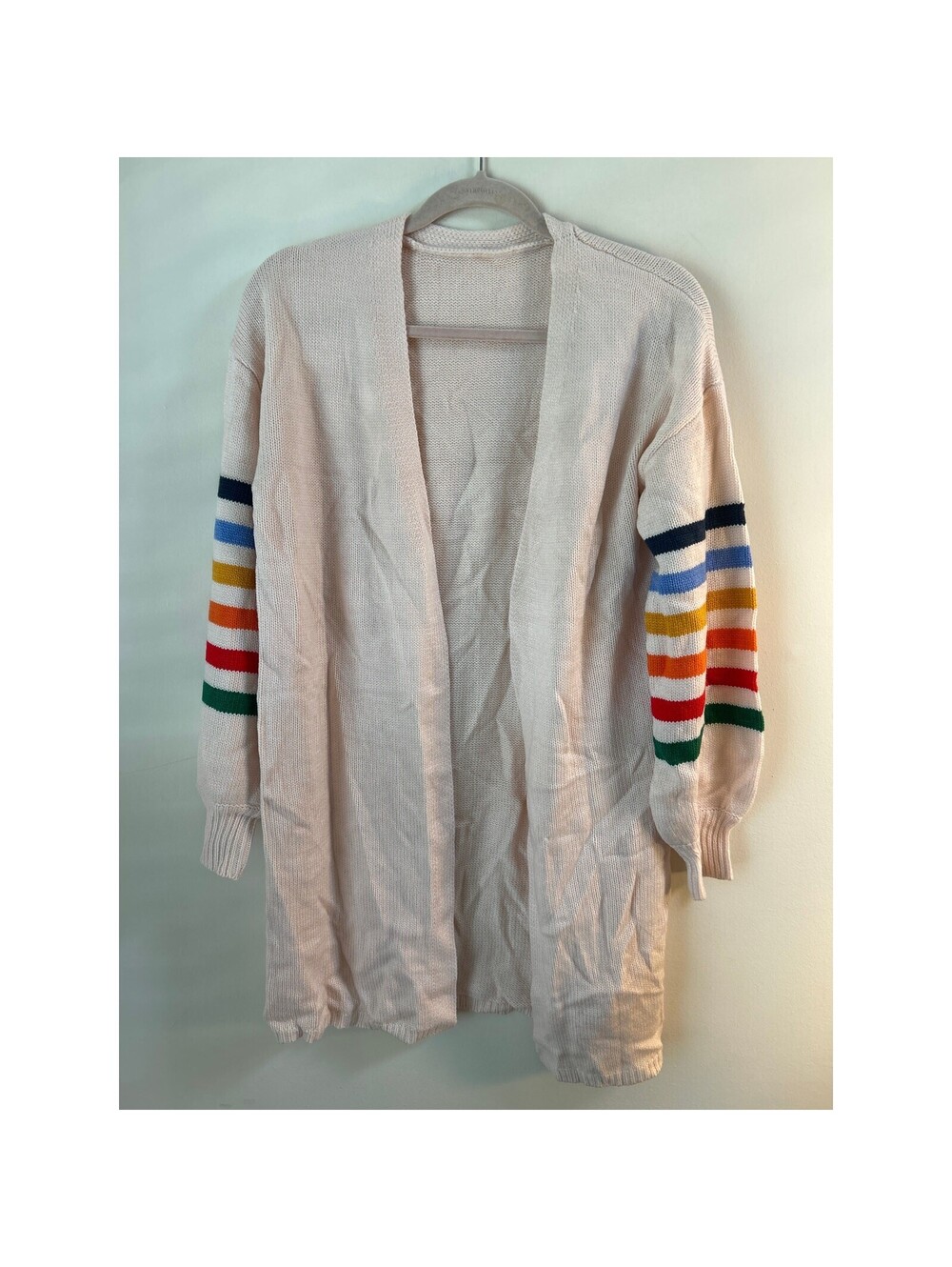Women's Rainbow Stripe Sleeve Long Cardigan Small Open Front Knit Sweater